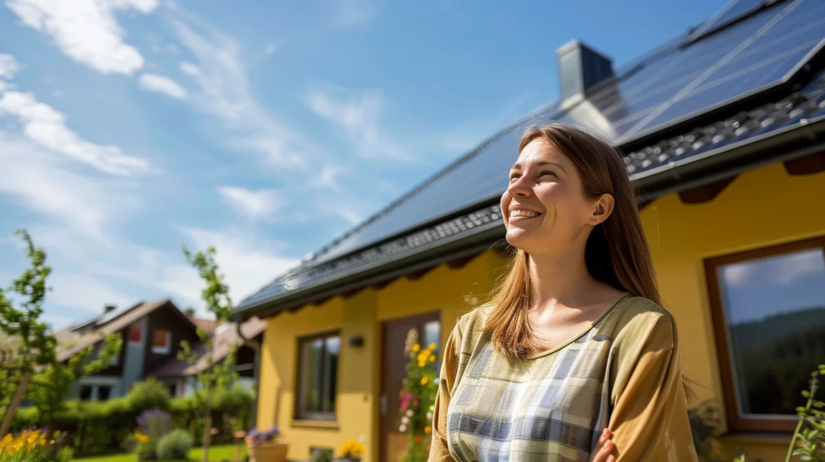 Lächelnde Frau vor einem gelben Haus mit Photovoltaikanlage am Dach.